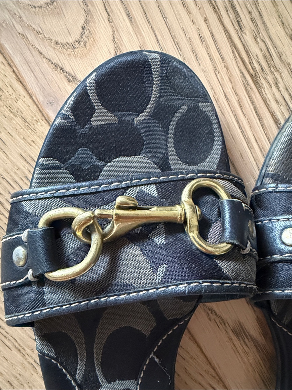COACH Black Slide Sandals with Gold Buckle Detail - Picture 2 of 9